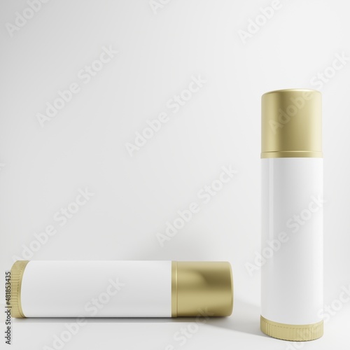 two gold roll-on bottles cosmetic with blank label on white background 3d render 