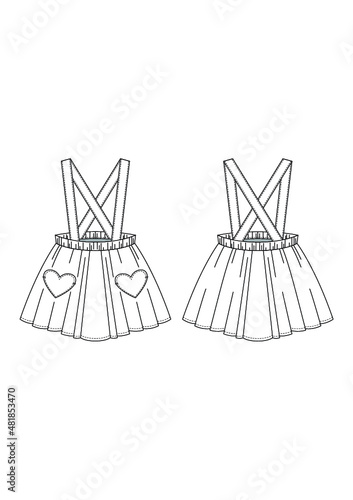 Suspender Skirt With Heart Shaped Pockets Technical Fashion Drawing Design Template