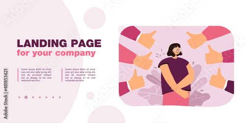 Happy woman getting public approval. Flat vector illustration. People showing respect by hands with thumbs up. Positive feedback, respect, social recognition concept for banner design