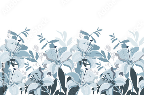 Vector floral seamless pattern, border. Horizontal panoramic design with blue lily flowers.