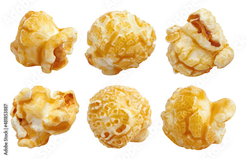 Caramel popcorn collection, isolated on white background