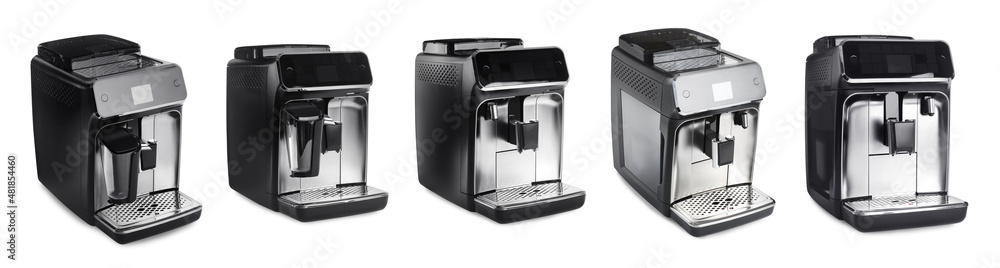 Fototapeta premium Set with modern electric coffee machines on white background. Banner design