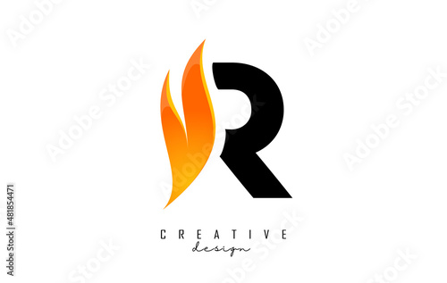 Vector illustration of abstract letter R with fire flames and Orange Swoosh design. Letter R logo with creative cut and shape.