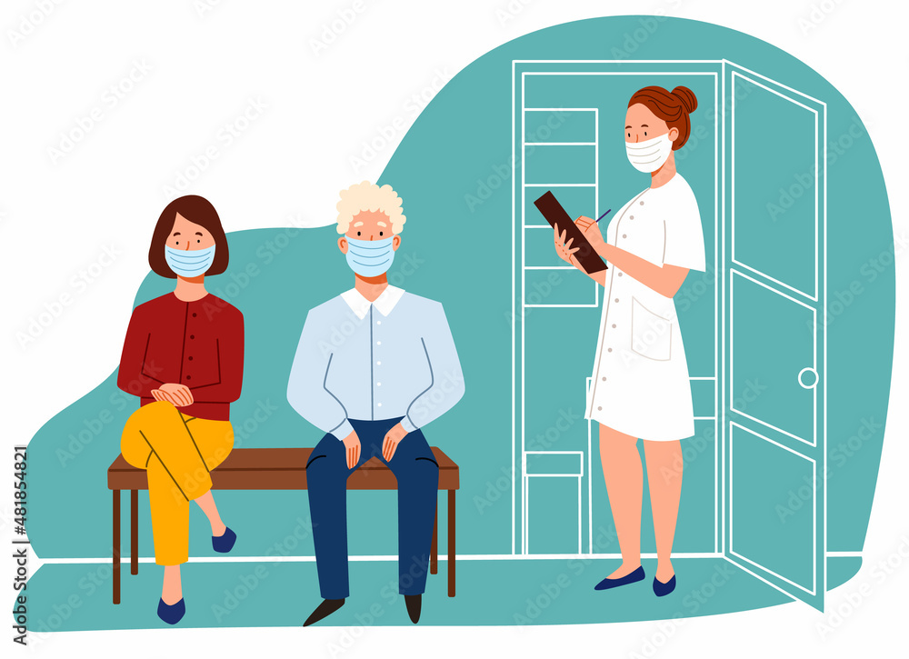 The doctor calls the patient to the office. An appointment with a therapist. masked people of different ages waiting in line. Vector illustration in a flat style. The doctor calls the patient to the office. An appointment with a therapist. masked people of different ages waiting in line. Vector illustration in a flat style.