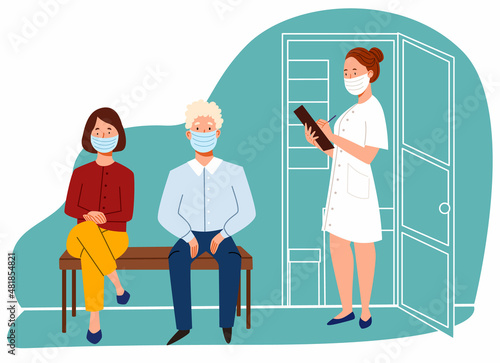 The doctor calls the patient to the office. An appointment with a therapist. masked people of different ages waiting in line. Vector illustration in a flat style.