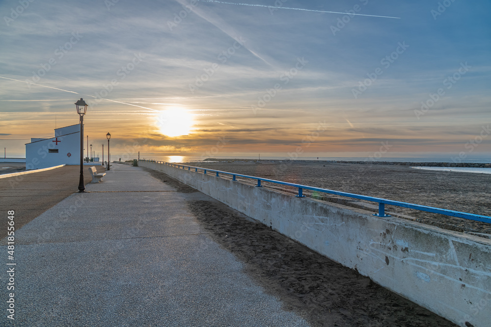 Winter Morning in Saintes-Maries-de-la-Mer, View on Promenade and Beach on Cold Winter Morning, Saintes-Maries-de-la-Mer, Camargue