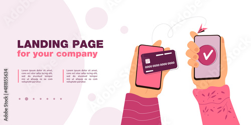 Online money transaction flat vector illustration. Two hands holding cellphones with electronic bank cards, transferring money, digital payment. Money, bank, transaction, Internet concept for design