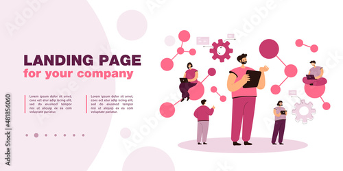Group of cartoon scientists conducting technological studies. Flat vector illustration. People researching artificial intelligence, complex algorithms, checking data. AI, science, technology concept