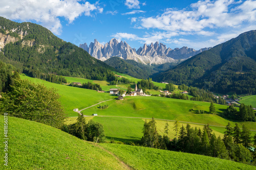 Summer landscape of Santa Maddalena village in the Dolomites. Italy.