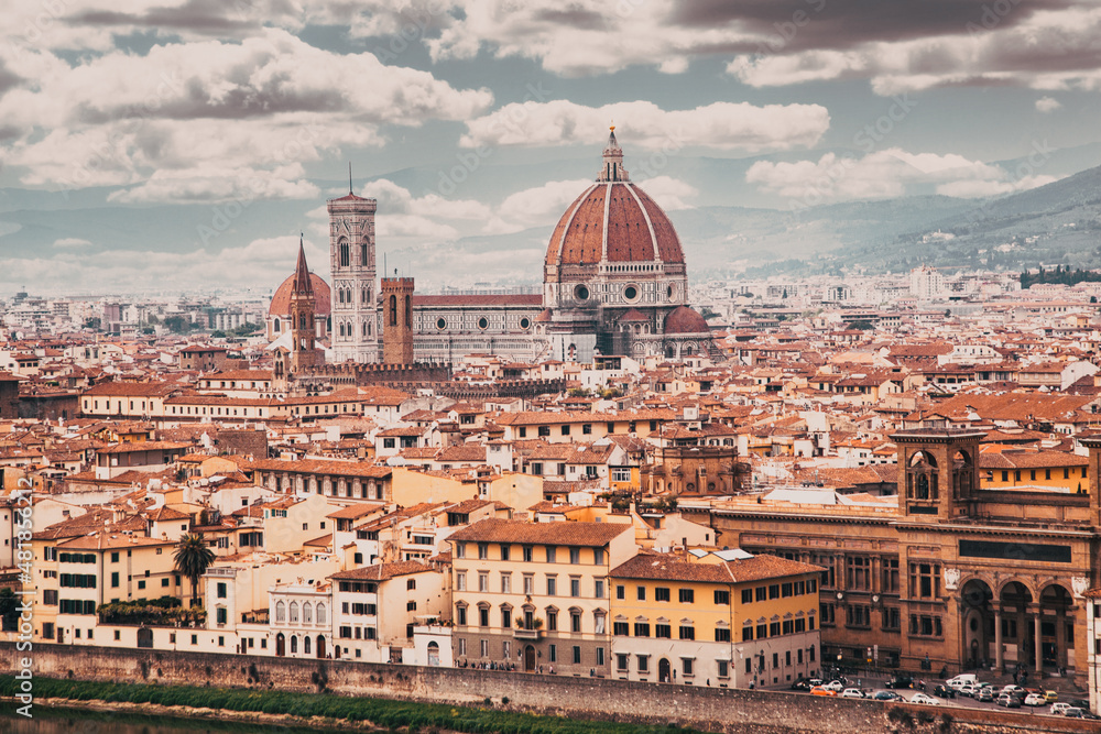 scenic view over Florence with the Cathedral of Santa Maria del Fiore (Duomo) from Piazzale Michelangelo  Firenze  Italy - panorama