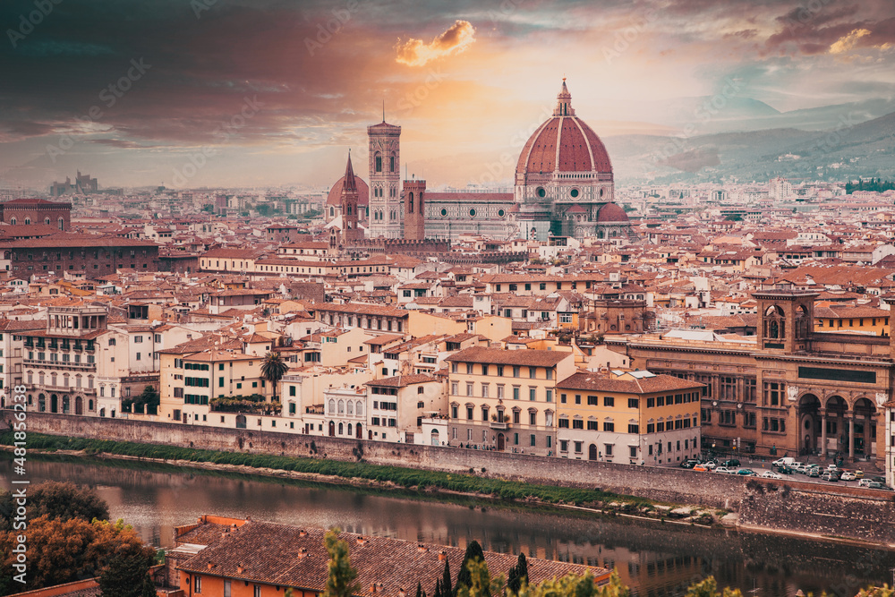 scenic view over Florence with the Cathedral of Santa Maria del Fiore (Duomo) from Piazzale Michelangelo  Firenze  Italy - panorama