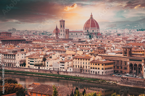 scenic view over Florence with the Cathedral of Santa Maria del Fiore (Duomo) from Piazzale Michelangelo Firenze Italy - panorama