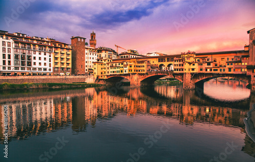 amazing sunset over Ponte Vecchio Florence Italy