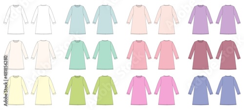 Set of nightdress technical sketch. Cotton chemise for woman collection. Nightdress illustration