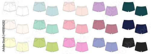 Set of technical sketch shorts pants design template. Elastic sport shorts collection.