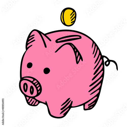 Pink piggy bank isolated on white background. Box for safe savings, coins, cash, gold. Money pig in doodle style.