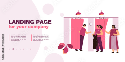 Cartoon people trying on clothes in fitting room. Flat vector illustration. Shop assistant helping customers and bringing garments of different size. Shopping, store, cloth, fashion, boutique concept