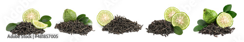Set with dry tea leaves and bergamot fruits on white background. Banner design