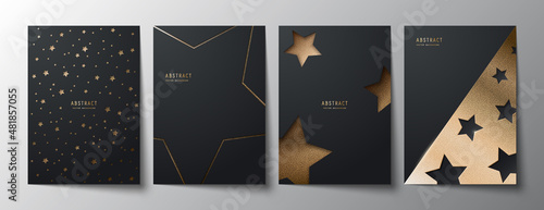 Black elegant celestial backgrounds set with stars, golden glitter and sparkles. Premium geometric design templates of invitation, brochure, notebook or card. Collection of A4 layered covers