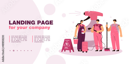Cleaning team standing next to huge bottle of detergent. Cleaning staff in uniform with vacuum cleaner, mop, broom flat vector illustration. Service, housework concept
