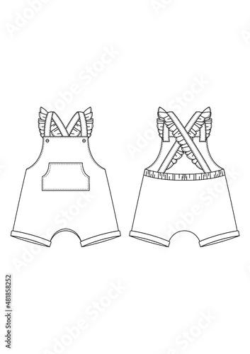 Kids Ruffle Overalls Technical Fashion Drawing Design Template