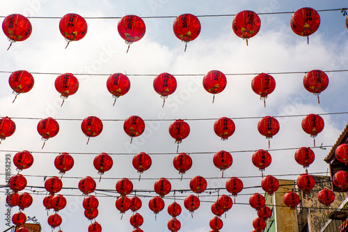 chinese red lanterns hanging on the street to celebrate chinese new year