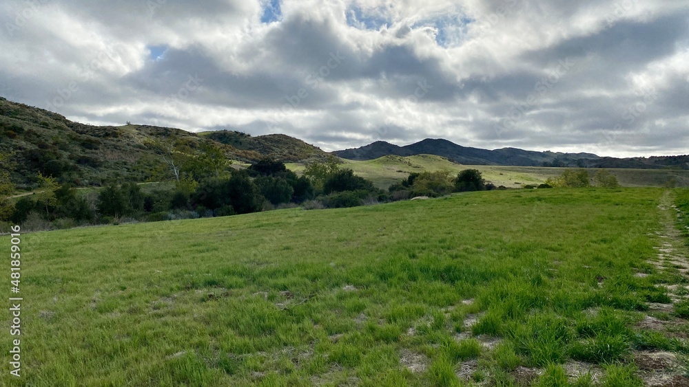 Wide view of Santa Monica Mountains at Rancho Sierra Vista, Satwiwa Native American Indian Natural Area, next to Point Mugu State Park, on overcast day 