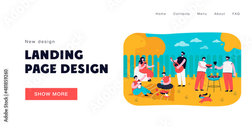Cartoon people characters enjoying bbq party. Flat vector illustration. Family and friends having dinner in summer backyard, playing music, drinking cocktails. Grilling, nature, food, family concept