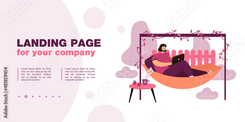 Young woman relaxing in hammock in backyard. Flat vector illustration. Girl resting in home garden, on terrace, working online, drinking tea outdoors. Freelance, nature, relaxing, summer concept