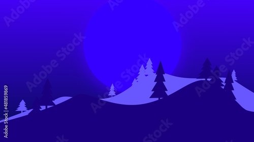 mountain and moon background with pine tree or spruce for desktop wallpaper and banner	