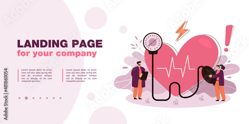 Tiny doctors checking blood pressure at hospital. Medical checkup, high risk of heart disease flat vector illustration. Cardiology, health concept for banner, website design or landing web page