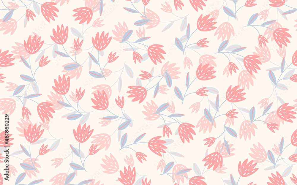 Seamless floral pattern based on traditional folk art ornaments. Colorful flowers on light background. Scandinavian style. Sweden nordic style. Vector illustration. Simple minimalistic pattern