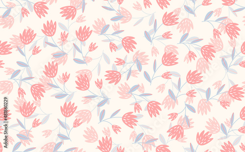 Seamless floral pattern based on traditional folk art ornaments. Colorful flowers on light background. Scandinavian style. Sweden nordic style. Vector illustration. Simple minimalistic pattern