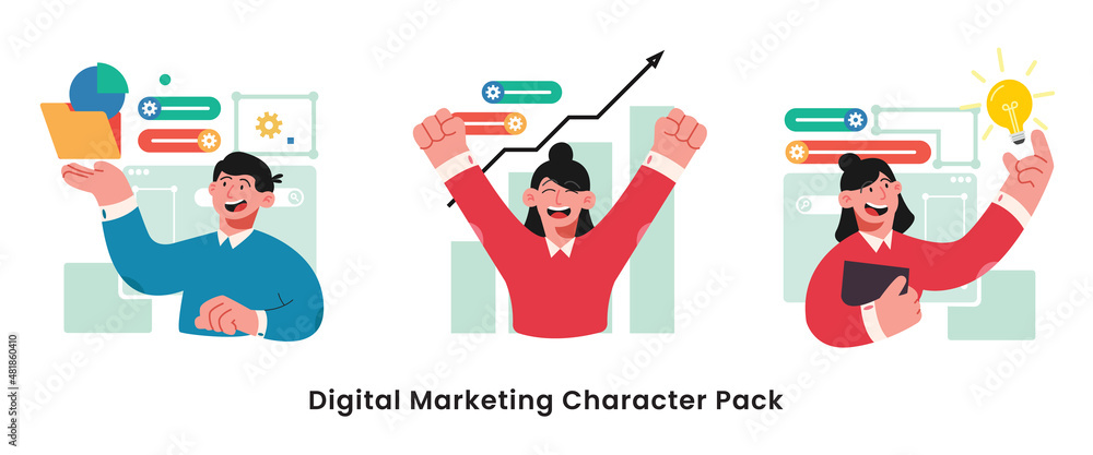 Digital Marketing character illustration. Pack collection of men and women take part in digital marketing 