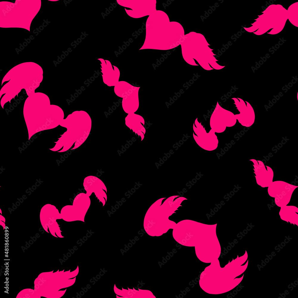 Saint Valentine's day random seamless pattern. Winged heart bright pink silhouette endless texture. Valentine day boundless background. Doodle surface design for greeting card or invitation.