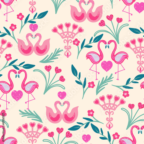 Tropical Birds and Hearts Vector Seamless Pattern