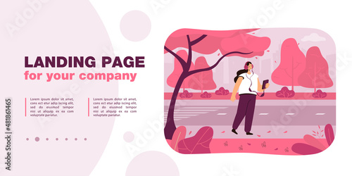 Happy cartoon girl listening to music on phone on street. Female city dweller in headset walking outside flat vector illustration. Outdoor activity, leisure, traveling concept for banner, landing page
