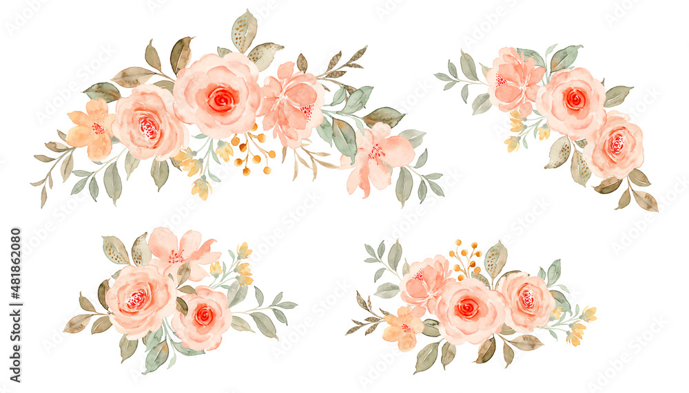 Watercolor peach rose flower bouquet collection