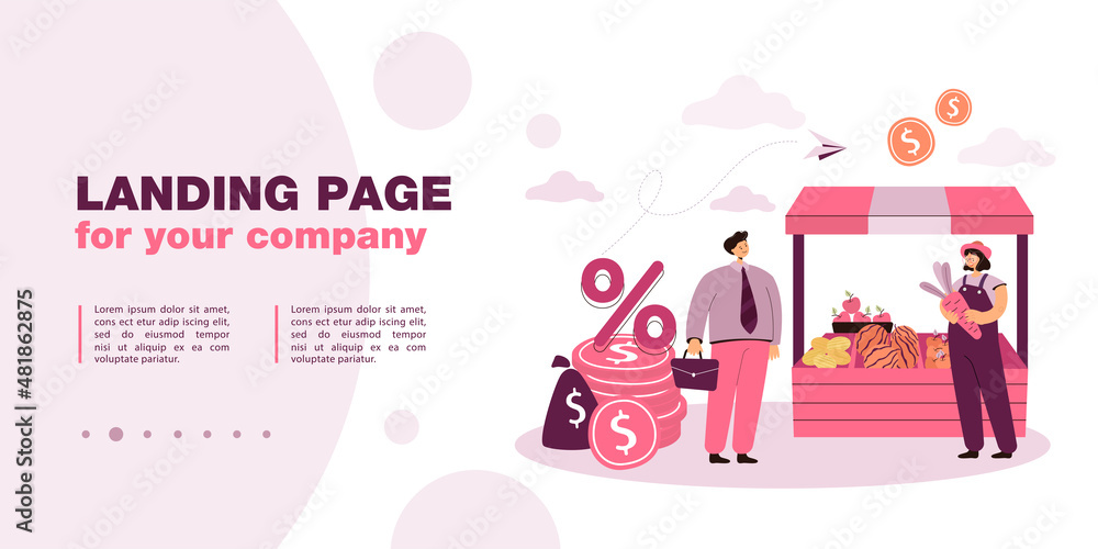 Bank employee giving loan to shop owner. Money lender, financial help for small business entrepreneur flat vector illustration. Banking, credit, debt, finances concept for banner, website design Bank employee giving loan to shop owner. Money lender, financial help for small business entrepreneur flat vector illustration. Banking, credit, debt, finances concept for banner, website design