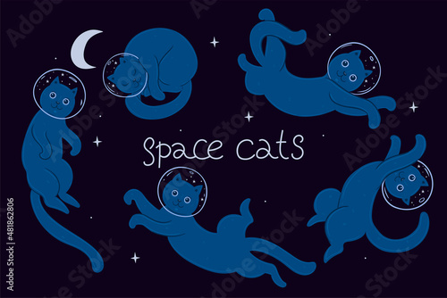 Set of cute space cats. Vector graphics.