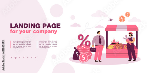 Bank employee giving loan to shop owner. Money lender, financial help for small business entrepreneur flat vector illustration. Banking, credit, debt, finances concept for banner, website design