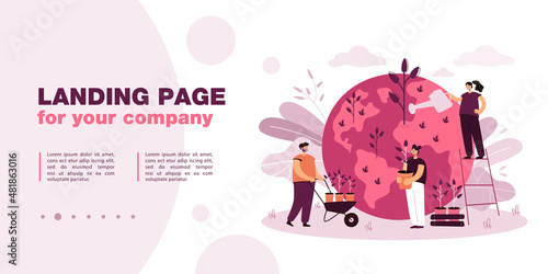 Tiny persons planting and watering trees together. Planet with green plants flat vector illustration. Agriculture, reforestation, ecology, teamwork concept for banner, website design or landing page