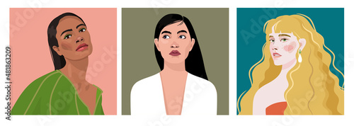 Set of portraits of women of different gender and age. Diversity. Vector flat illustration. Avatar for a social network. Vector flat illustration