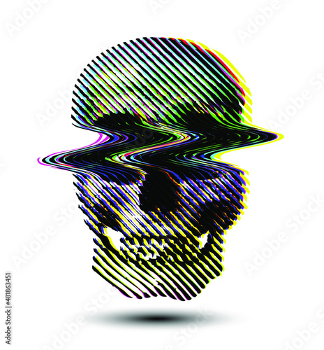 RGB color glitched line halftone skull from 3D rendering. Black and white vector illustration.