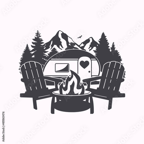 Adirondack Chairs Camping Illustration Clip Art Design Shape. Campfire Mountain Silhouette Icon Vector.