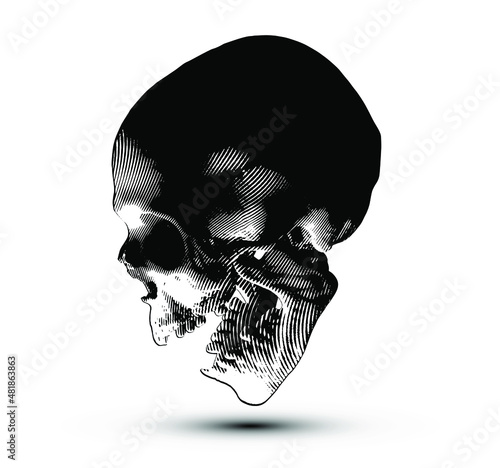 Halftone screaming skull from 3D rendering isolated on white background. Black and white vector illustration.