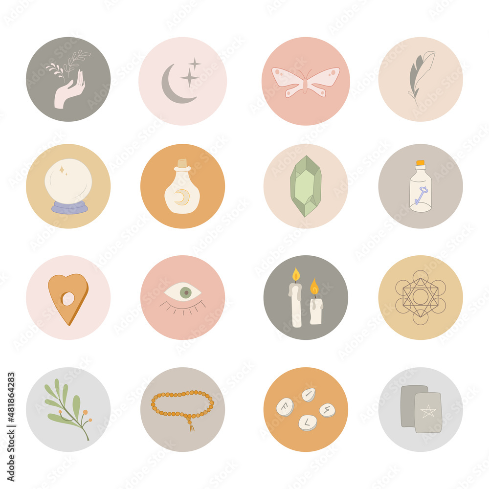 Stickers with magic candles, bottles and hands Stickers with magic candles, bottles and hands
