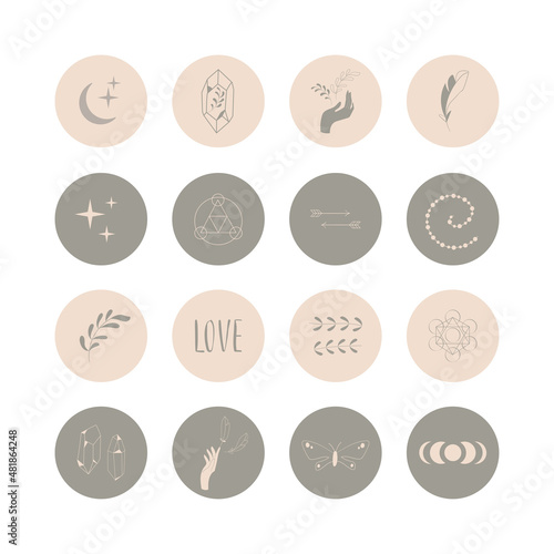 Stickers with magic herbs, bottles and hands