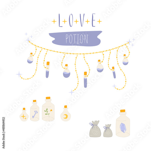 Magic card with potion bottle, bags and necklace