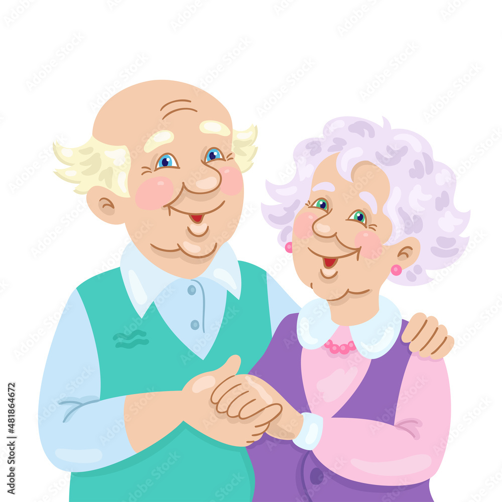 Portrait of a cute elderly couple. Adult man and woman stand embracing. In cartoon style. Isolated on white background. Vector illustration Portrait of a cute elderly couple. Adult man and woman stand embracing. In cartoon style. Isolated on white background. Vector illustration